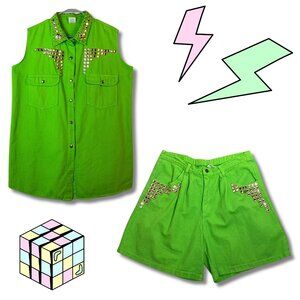 Vintage A.R.C. Lime Green Rhinestone and Gold Tone Studded Shirt and Sho…